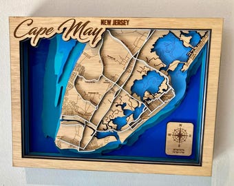Map of Cape May NJ hand-painted wood art laser cut map of Ocean City  New Jersey mandella art wall decor