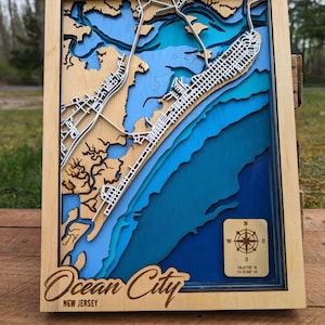 Kaart van Ocean City NJ handgeschilderde houtkunst lasergesneden kaart van Ocean City New Jersey mandella kunst muur decor