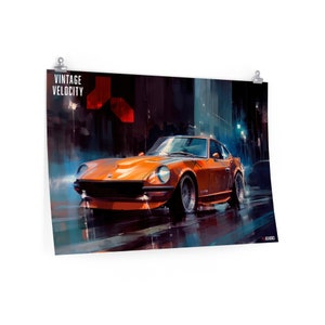 Datsun 240Z in NYC night, JLClassics Vintage Velocity -series Premium Matte horizontal poster