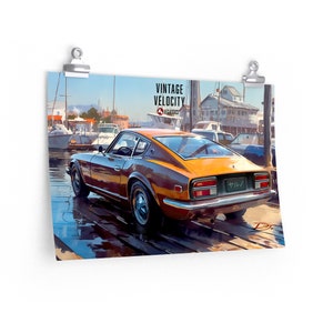 JLClassics Vintage Velocity Metallic Brown Datsun 240Z - Nissan Fairlady Z JDM at Mediterranean Marina, Premium Matte horizontal poster