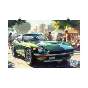 JLClassics Vintage Velocity Datsun 240Z Nissan FairladyZ JDM in tropical town poster Premium Matte horizontal poster