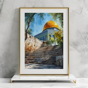 May include: A watercolor painting of the Dome of the Rock in Jerusalem, Israel. The painting depicts the golden dome and the surrounding stone walls and steps. The painting is framed in a gold frame.