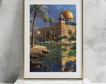 May include: A painting of a golden dome mosque with palm trees and a reflecting pool in front of it.