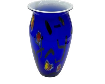 Vase - Murano Style Millefiore Pattern Cobalt Blue Art Glass Vase - MCM - 11" H