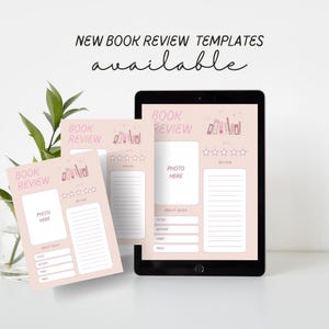 May include: Three printable book review templates with a pink background and a stack of books illustration. Each template has a section for a photo, a review, and information about the book.