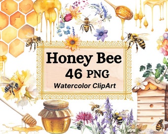 Honey Bee Watercolor Clipart, Behive Honey Spoon Drips Jar, Floral Watercolor Honeycomb PNG Instant Download Bee Graphic