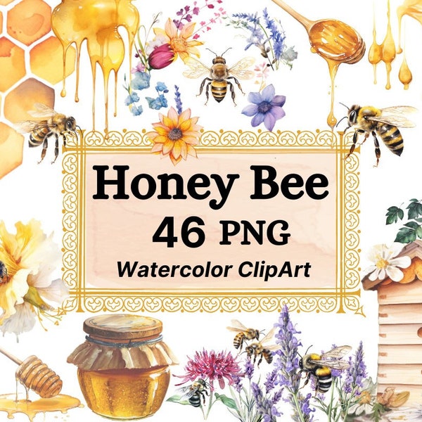 Honey Bee Watercolor Clipart, Behive Honey Spoon Drips Jar, Floral Watercolor Honeycomb PNG Instant Download Bee Graphic