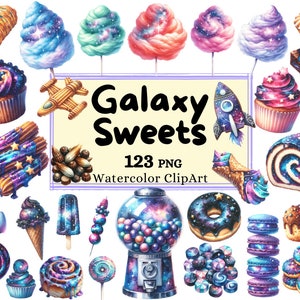Akwarela Galaxy Słodycze Clipart, Kosmiczne Ciasteczka, Słodkie Słodkie Makaroniki, Ciasta Cukierki i Glazed Donuts PNG Natychmiastowe Pobieranie Komercyjne Wykorzystanie