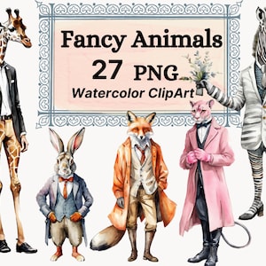Animales del bosque Fancy Zoo Clipart acuarela diseño ropa vintage elegante traje vestido, PNG Descarga instantánea ilustración