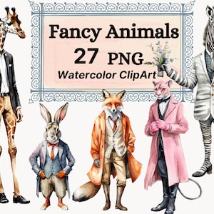 Forest Animals Fancy Zoo Clipart Watercolor Design Vintage Clothes Elegant Suit Dress, PNG Instant Download illustration