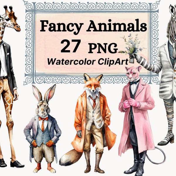 Forest Animals Fancy Zoo Clipart Watercolor Design Vintage Clothes Elegant Suit Dress, PNG Instant Download illustration