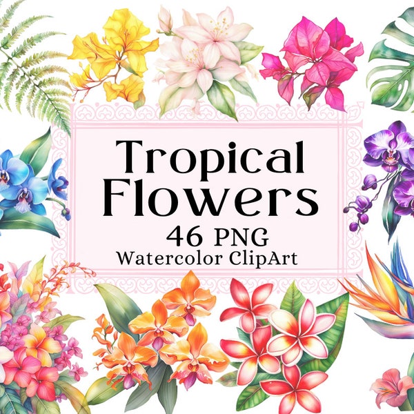 Imágenes prediseñadas de acuarela de flores tropicales, hibisco de flores exóticas, licencia de palma hawaiana de verano, conjuntos de imágenes prediseñadas PNG Descarga instantánea