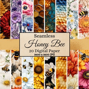May include: A set of 20 digital papers featuring a seamless pattern of honey bees, flowers, and honeycomb. The papers are 3600 x 3600 pixels and are perfect for crafting, scrapbooking, and other creative projects.