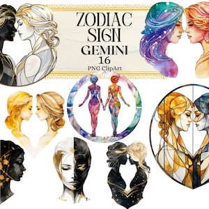 Zodiac Signs Clipart, Horoscope Gemini Star Sign, Esoterical Clipart Twins Astrology Mercury PNG Instant Download Commercial Use