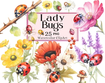 Watercolor Ladybug Clipart Bundle, Floral Cute Lady Bugs Decorative Sublimination Design Card Making Invitation PNG Commercial Use