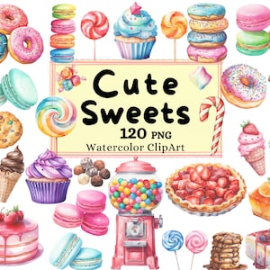 Aquarell süße Süßigkeiten Clipart, Schokoladenkekse, süße Macarons, Leckereien Süßigkeiten und glasierte Donuts PNG sofortiger Download kommerzielle Nutzung