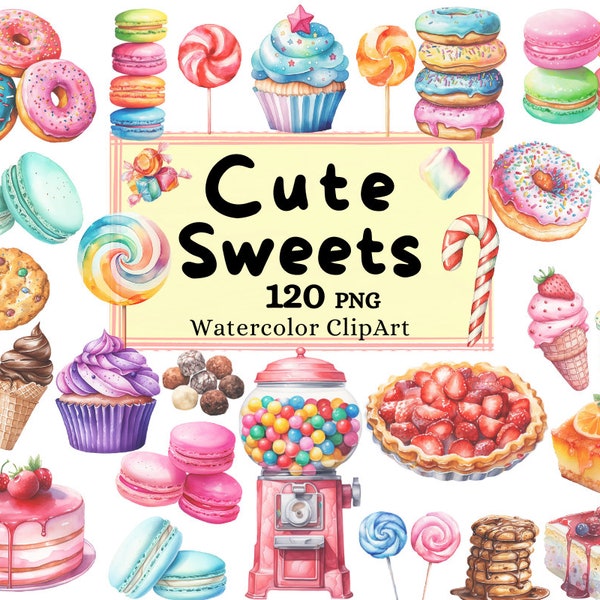 Watercolor Cute Sweets Clipart, Chocolate Cookies, Sweet Macarons, Treats Candy and Glazed Donuts PNG Instant Download Commercial Use