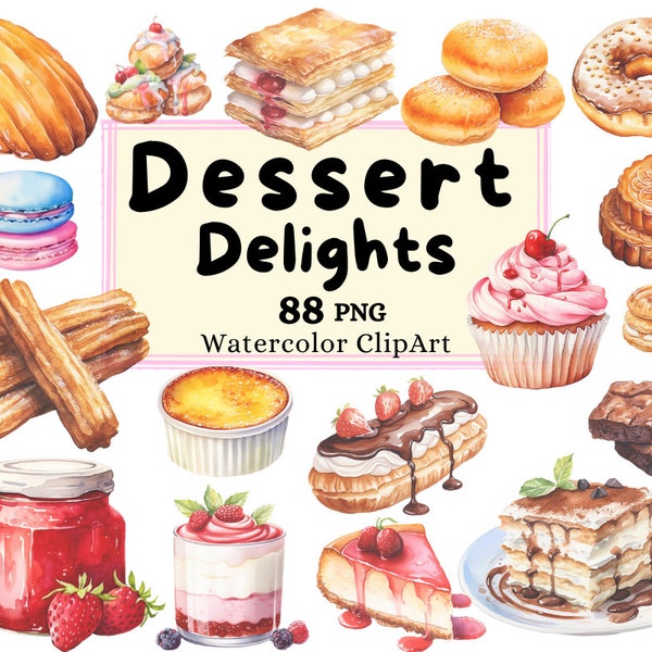 Aquarell Dessert Delights Clipart, Käsekuchen Erdbeermarmelade, Obst-Smoothies, Gebäck-Leckereien Süßigkeiten und Dessertbecher PNG Instant Download