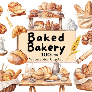 Clipart di panetteria al forno dell'acquerello, pane baguette croissant francesi pasticceria colazione dolci cottura PNG uso commerciale Download immediato