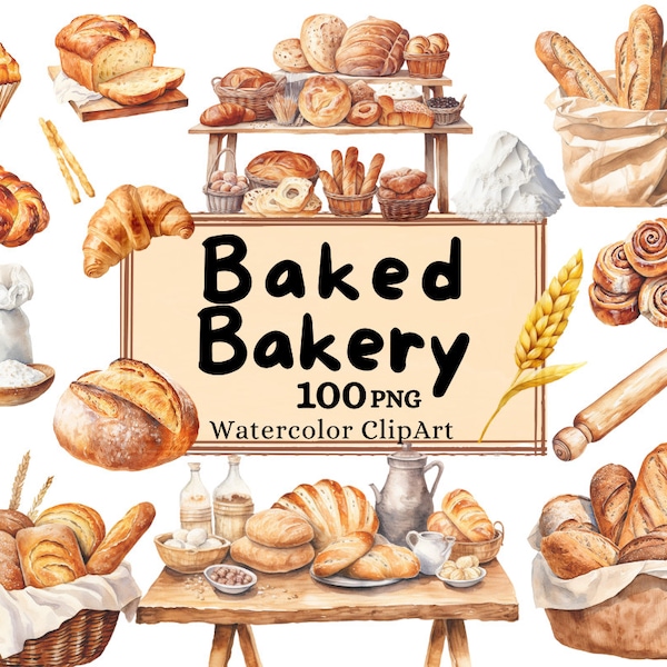 watercolor Baked Bakery Clipart, Bread Baguettes French Croissants Pastry Breakfast Sweets Baking PNG Commercial Use Instant Download