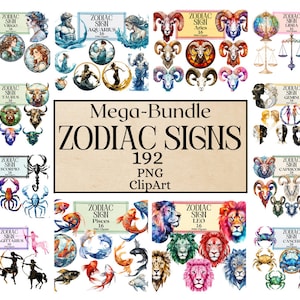 Zodiac Signs Bundle Clipart 196 Files 12 Horoscope Constellations Star Sign, Esoterical Clipart Goddess Astrology Planets PNG Commercial Use