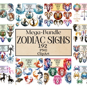 Zodiac Signs Bundle Clipart 196 Files 12 Horoscope Constellations Star Sign, Esoterical Clipart Goddess Astrology Planets PNG Commercial Use