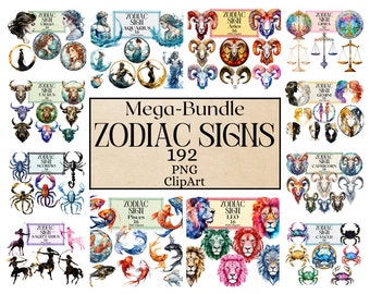 Op de afbeelding: Een set van 12 aquarel illustraties van sterrenbeelden. Elk sterrenbeeld wordt afgebeeld met een uniek dier en symbool. De illustraties zijn in verschillende kleuren, waaronder blauw, groen, rood en geel. De tekst "Mega-Bundle Zodiac Signs 192 PNG ClipArt" staat bovenaan de afbeelding.