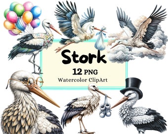 Watercolor Stork Clipart, Baby Shower Bird Illustration, Newborn Nursery Art, High-Quality PNG, Instant Download for Commercial Use