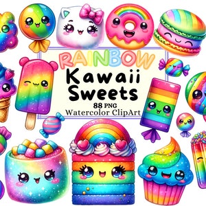 Aquarell Kawaii Regenbogen Süßigkeiten Clipart Bundle, bunte Macaron Cupcake Donut, Eis am Stiel Eis Kuchen süße Süßigkeiten PNG Sofort Download