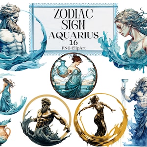 Zodiac Signs Clipart, Horoscope Aquarius Star Sign, Esoterical Clipart Goddess Astrology Uranus PNG Instant Download Commercial Use