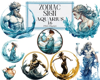 Zodiac Signs Clipart, Horoscope Aquarius Star Sign, Esoterical Clipart Goddess Astrology Uranus PNG Instant Download Commercial Use