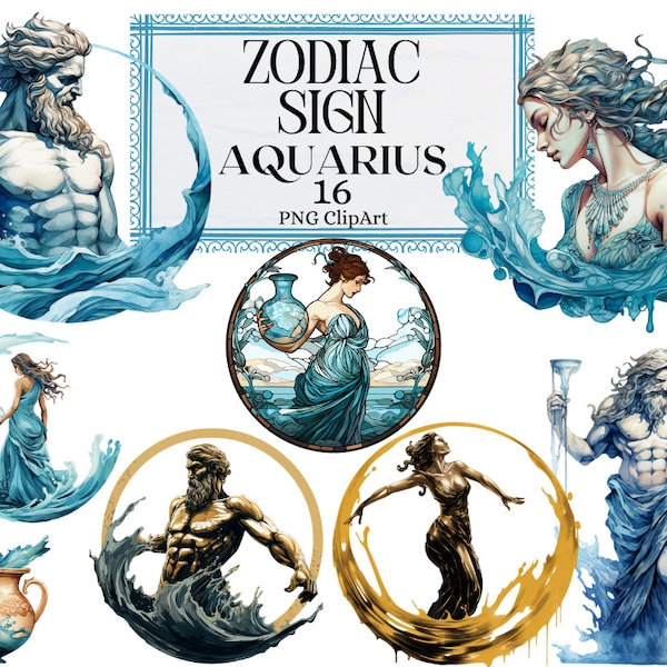 Zodiac Signs Clipart, Horoscope Aquarius Star Sign, Esoterical Clipart Goddess Astrology Uranus PNG Instant Download Commercial Use