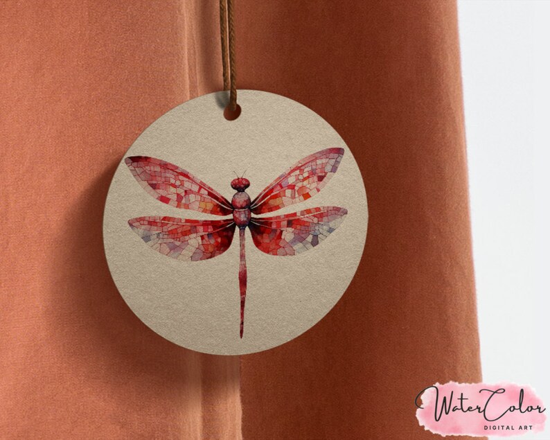 May include: A round, brown tag with a red dragonfly illustration. The dragonfly's wings are made of mosaic-like pieces of red, pink, and white.