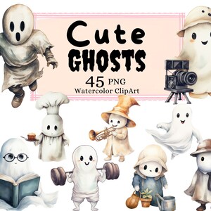 May include: A set of 45 watercolour illustrations of cute ghosts in various poses and outfits. The ghosts are wearing hats, holding objects, and engaging in activities like playing sports, cooking, and reading. The illustrations are perfect for Halloween decorations, crafts, and digital projects.