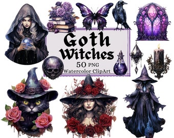 Donkere gotische heksen clipart, aquarel Goth Roses Magic Dark Spell PNG gotische heks ontwerp, commercieel gebruik Instant Download