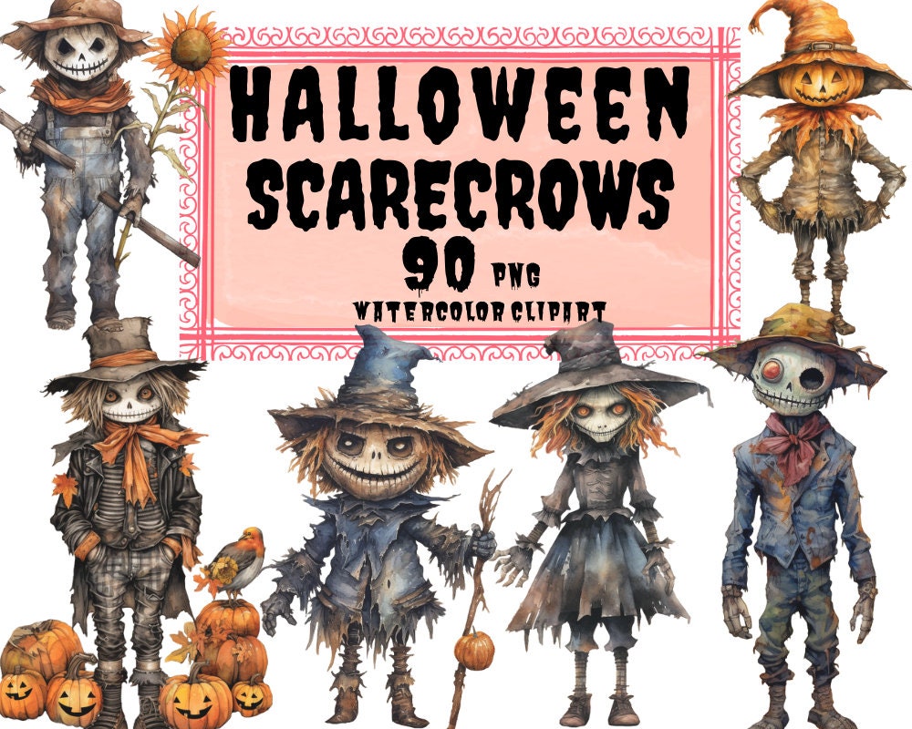 Scarecrow Clipart Watercolor Spooky Crow Scary Autumn - Etsy