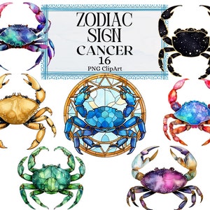 Zodiac Signs Clipart, Horoscope Cancer Star Sign, Esoterical Clipart Crab Astrology Moon PNG Instant Download Commercial Use