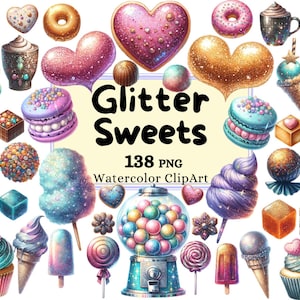 Sparkling Aquarelle Sweets Clipart - Glitter Cupcakes, Shiny Ice Cream, Candy - PNG Téléchargement instantané pour un usage commercial