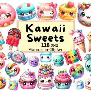 Pacchetto di clipart di dolci Kawaii dell'acquerello, ciambelle colorate macarons cupcakes, torte gelato ghiaccioli caramelle carine PNG Download immediato