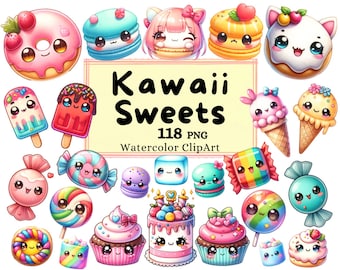 Watercolor Kawaii Sweets Clipart Bundle, Colorful Macarons Cupcakes Doughnuts, Popsicle Ice Cream Cakes Cute Candy PNG Instant Download