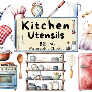 clipart kuchennych przyborów, akwarela Cottagecore Naczynia kuchenne Jedzenie Artykuły gospodarstwa domowego i urządzenia Piekarnia Dekoracja Ilustracja Użytkowanie komercyjne