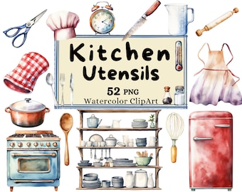 kitchen utensils clipart, Watercolor Cottagecore Kitchenware Food Houseware and Appliances Bakery Decor Illustration Commercial Use