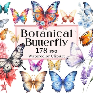 Botanische vlinder clipart, aquarel vlinders bundel kleurrijke magische tuin, transparante PNG Instant Download commercieel gebruik