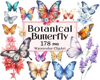 Botanical Butterfly Clipart, Watercolor Butterflies Bundle Colorful Magical Garden, Transparent PNG Instant Download Commercial Use