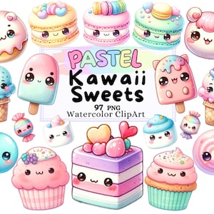 Aquarelle Kawaii bonbons Clipart Bundle, couleurs douces macarons cupcakes beignets, gâteaux à la crème glacée popsicle bonbons mignons PNG téléchargement immédiat