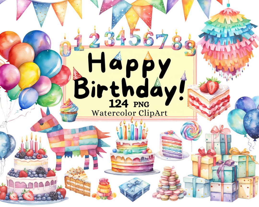 Happy Birthday Watercolor Party Cake Clipart, Colorful Balloons Festive ...
