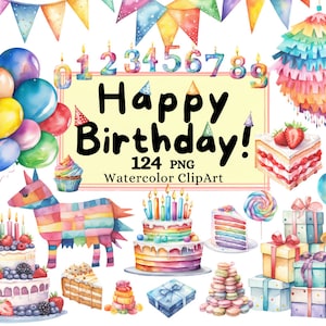 Happy Birthday Watercolor Party Cake clipart, Colorful Balloons Festive Decorations Kids Birth Day PNG Instant Download Commercial Use