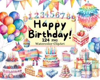 Happy Birthday Watercolor Party Cake clipart, Colorful Balloons Festive Decorations Kids Birth Day PNG Instant Download Commercial Use