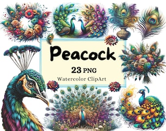 Watercolor Peacock Art Bundle - Elegant Peacocks & Feathers, Exotic Bird Clipart, Digital Download for DIY Crafts, Scrapbooking Decor