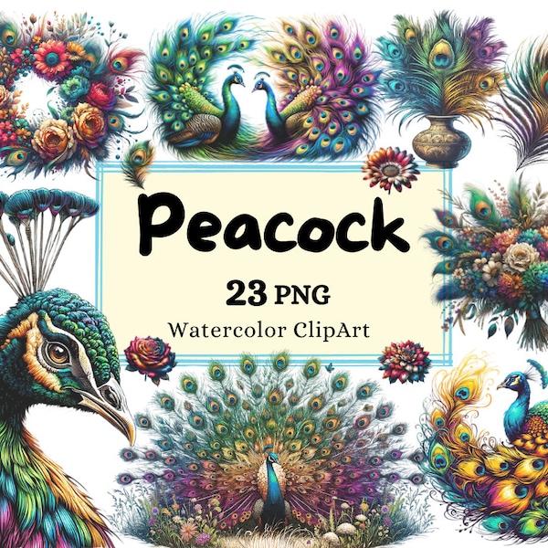 Watercolor Peacock Art Bundle - Elegant Peacocks & Feathers, Exotic Bird Clipart, Digital Download for DIY Crafts, Scrapbooking Decor